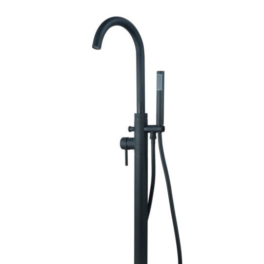 Black freestanding bath tap with handheld shower 