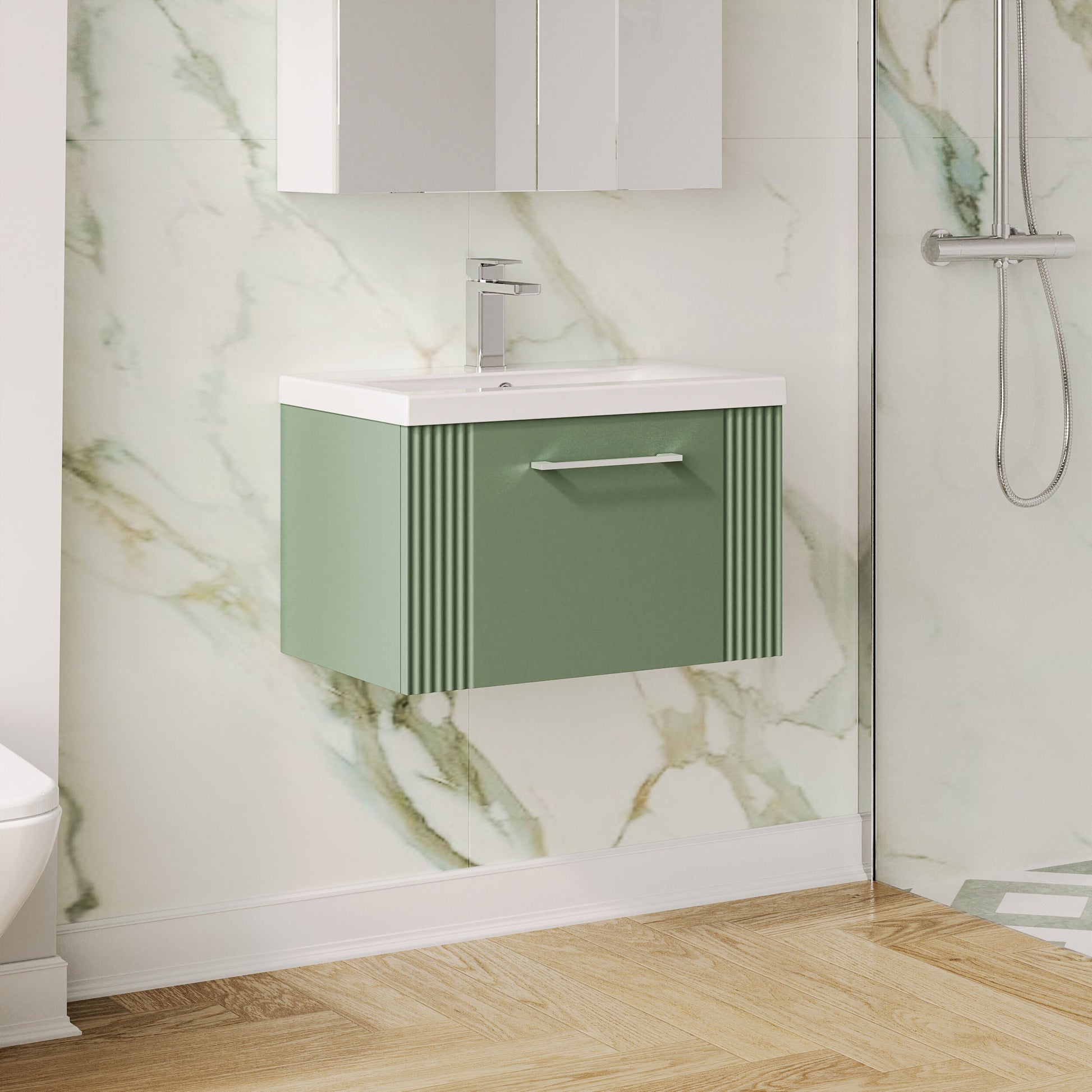 Deco Satin Green 600mm Wall Hung Single Drawer Vanity & Mid-Edge Basin