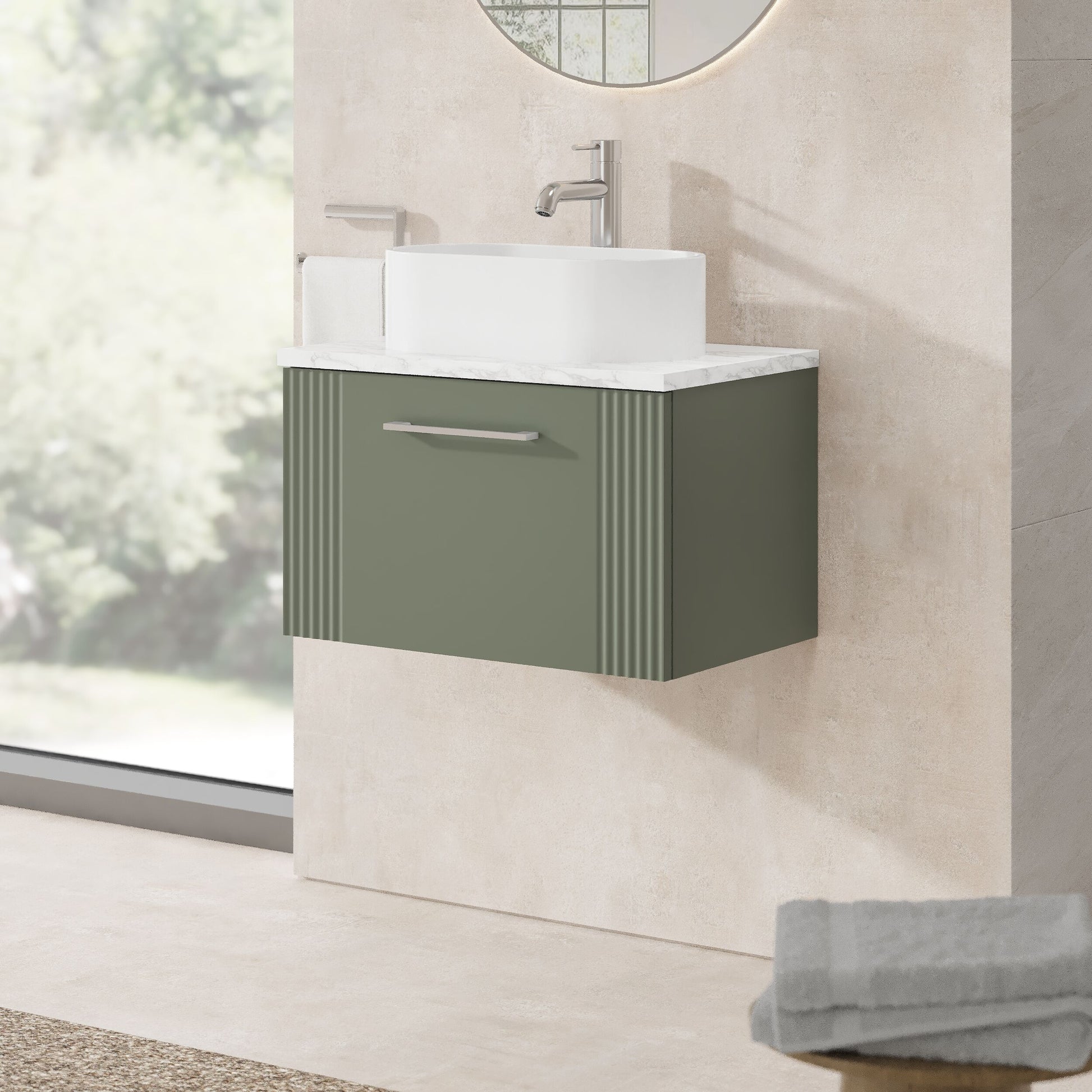 Wall-mounted bathroom vanity with a sink and cabinet in a modern bathroom setting.