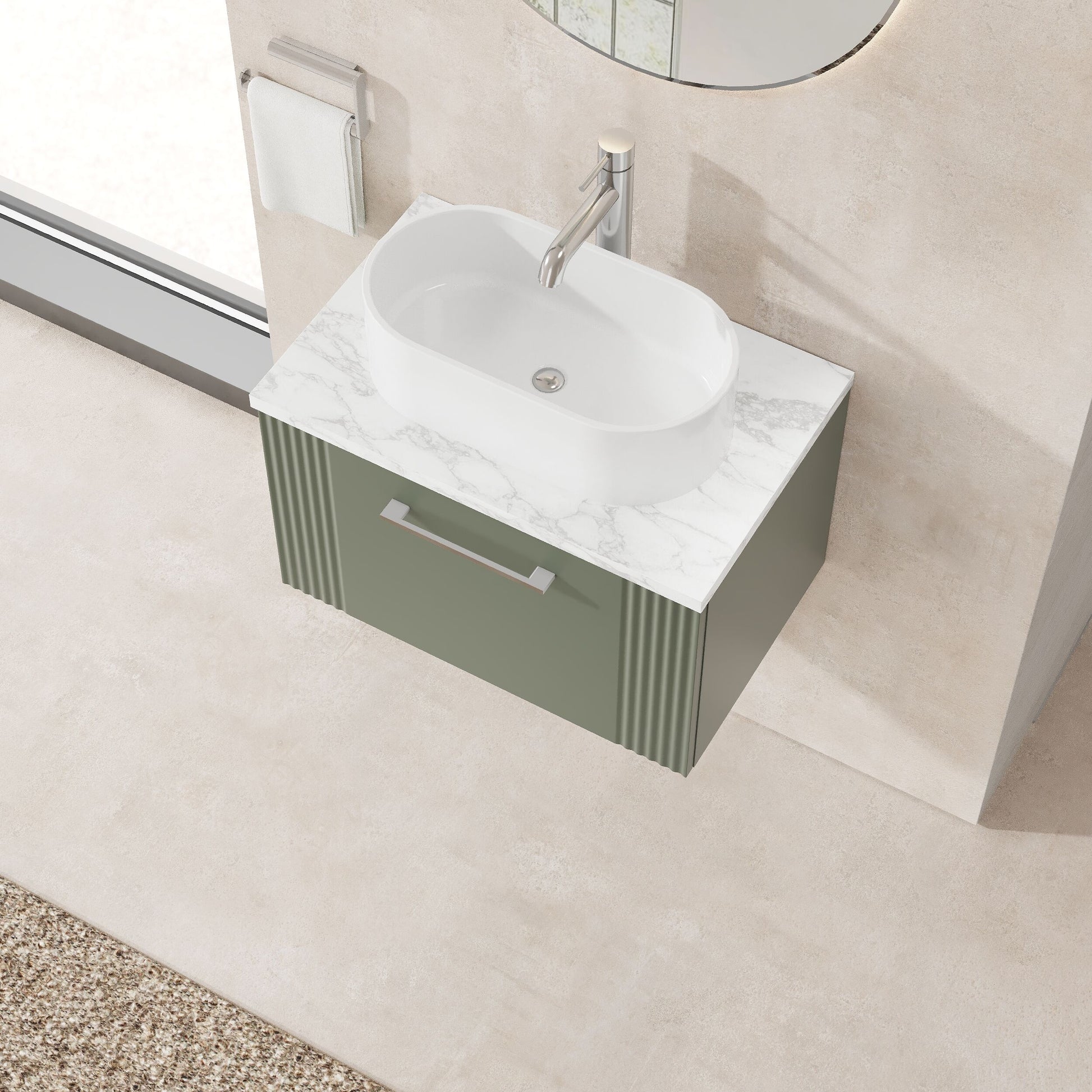 Bathroom vanity with white countertop and green cabinet in a modern bathroom setting.