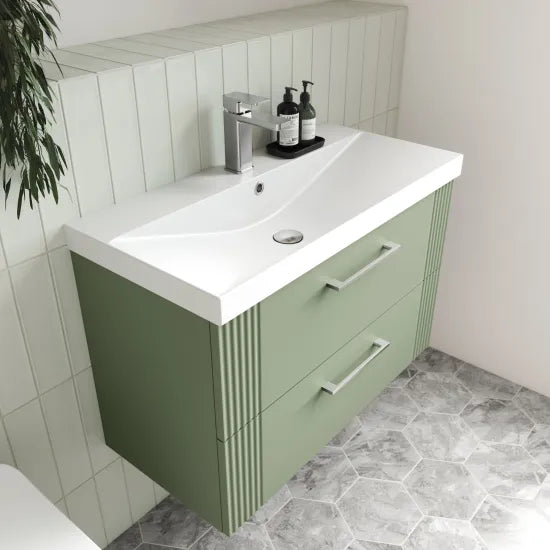 Deco Satin Green 800mm Wall Hung 2 Drawer Vanity & Mid-Edge Basin