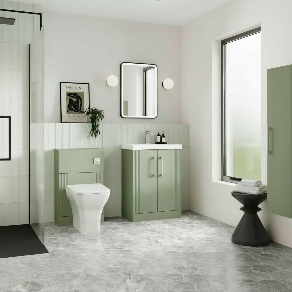 Modern bathroom with green vanity unit, white toilet, and large window.
