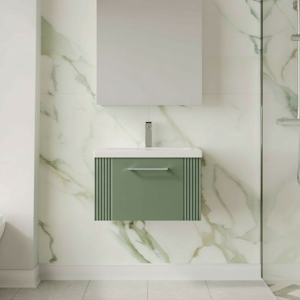 Deco Satin Green 600mm Wall Hung Single Drawer Vanity & Mid-Edge Basin