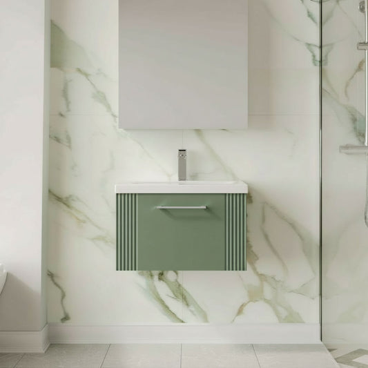 Deco Satin Green 600mm Wall Hung Single Drawer Vanity & Mid-Edge Basin