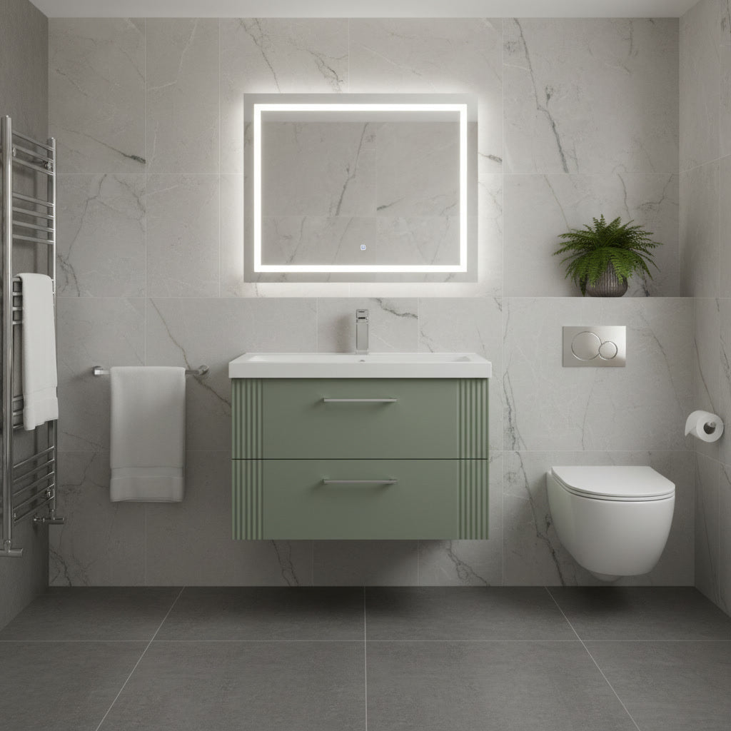 Deco Satin Green 800mm Wall Hung 2 Drawer Vanity & Mid-Edge Basin