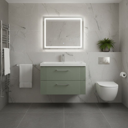 Deco Satin Green 800mm Wall Hung 2 Drawer Vanity & Mid-Edge Basin
