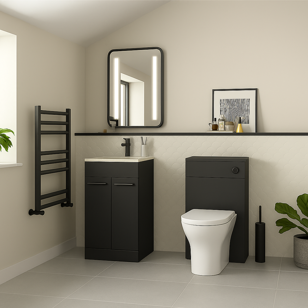 Modern bathroom with black vanity, toilet, and towel radiator against a beige wall.