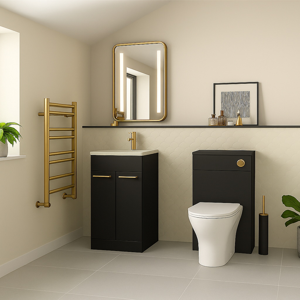 Modern bathroom with black vanity unit, toilet, and decorative elements.