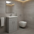 Modern bathroom with gray vanity, white toilet, and mirror.
