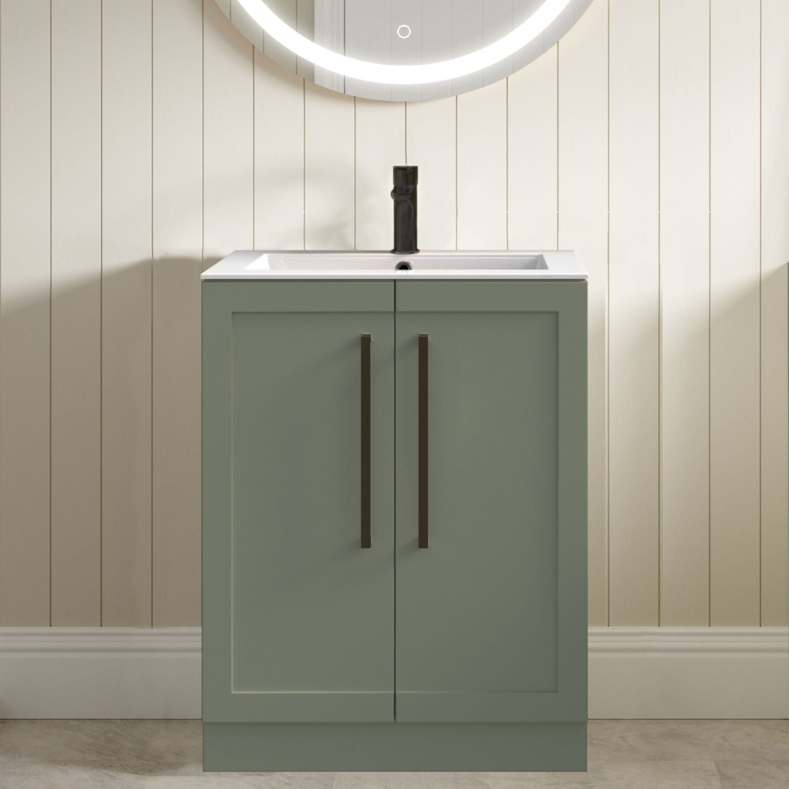 London 615mm Floor Standing Basin Unit & Basin - Matt Reed Green with Black Handles