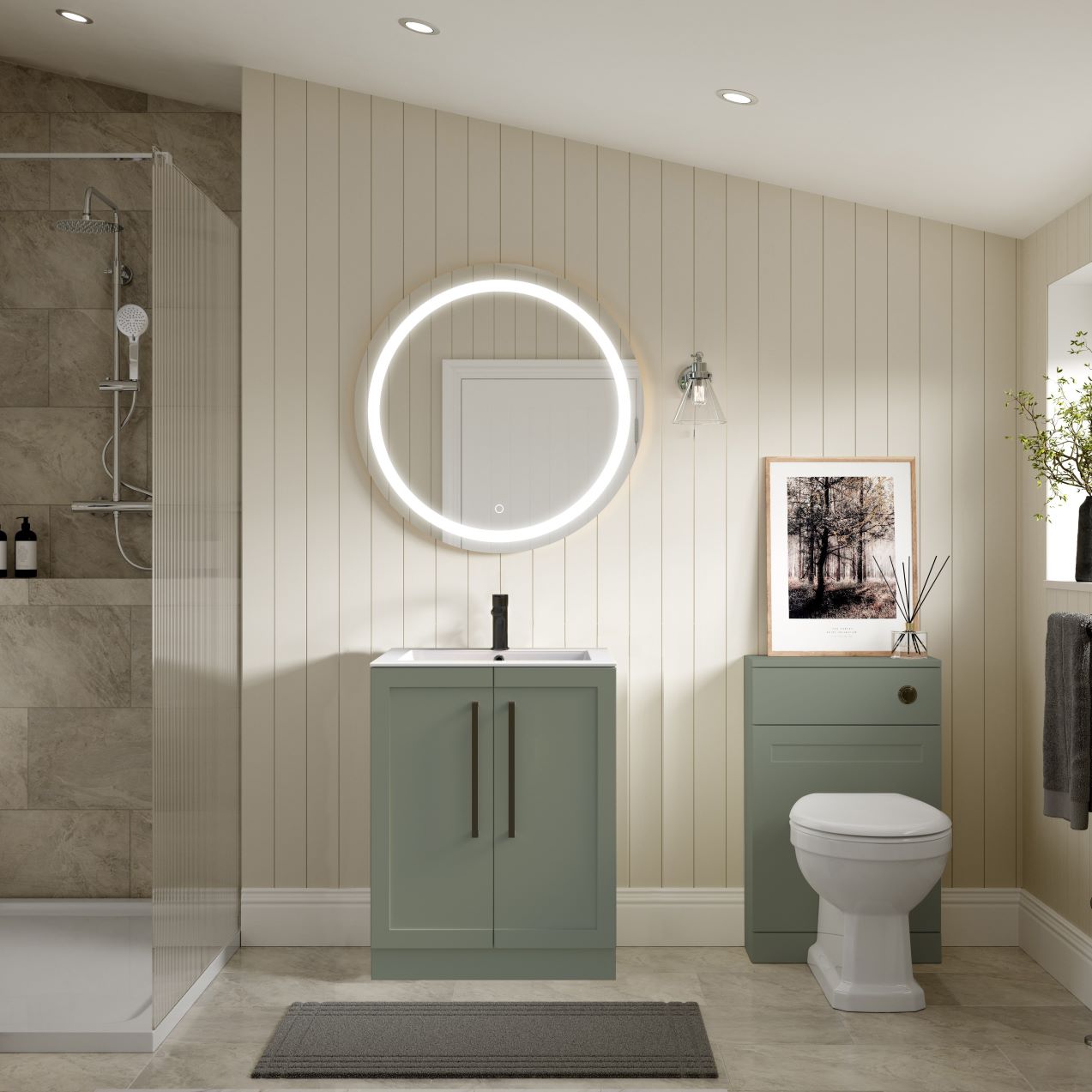 London 615mm Floor Standing Basin Unit & Basin - Matt Reed Green with Black Handles