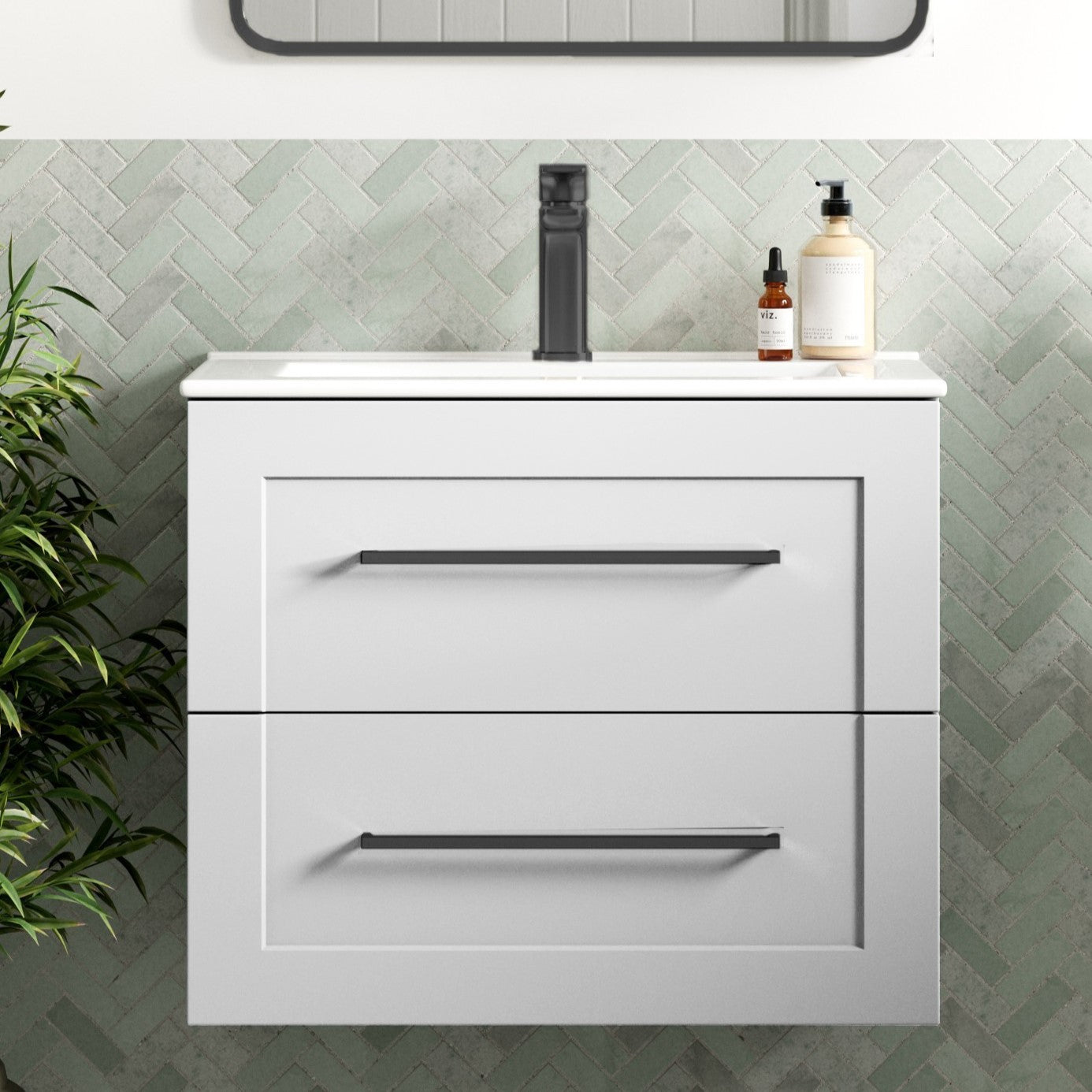 London 615mm Wall Hung Basin Unit & Basin - Matt White with Black Handles