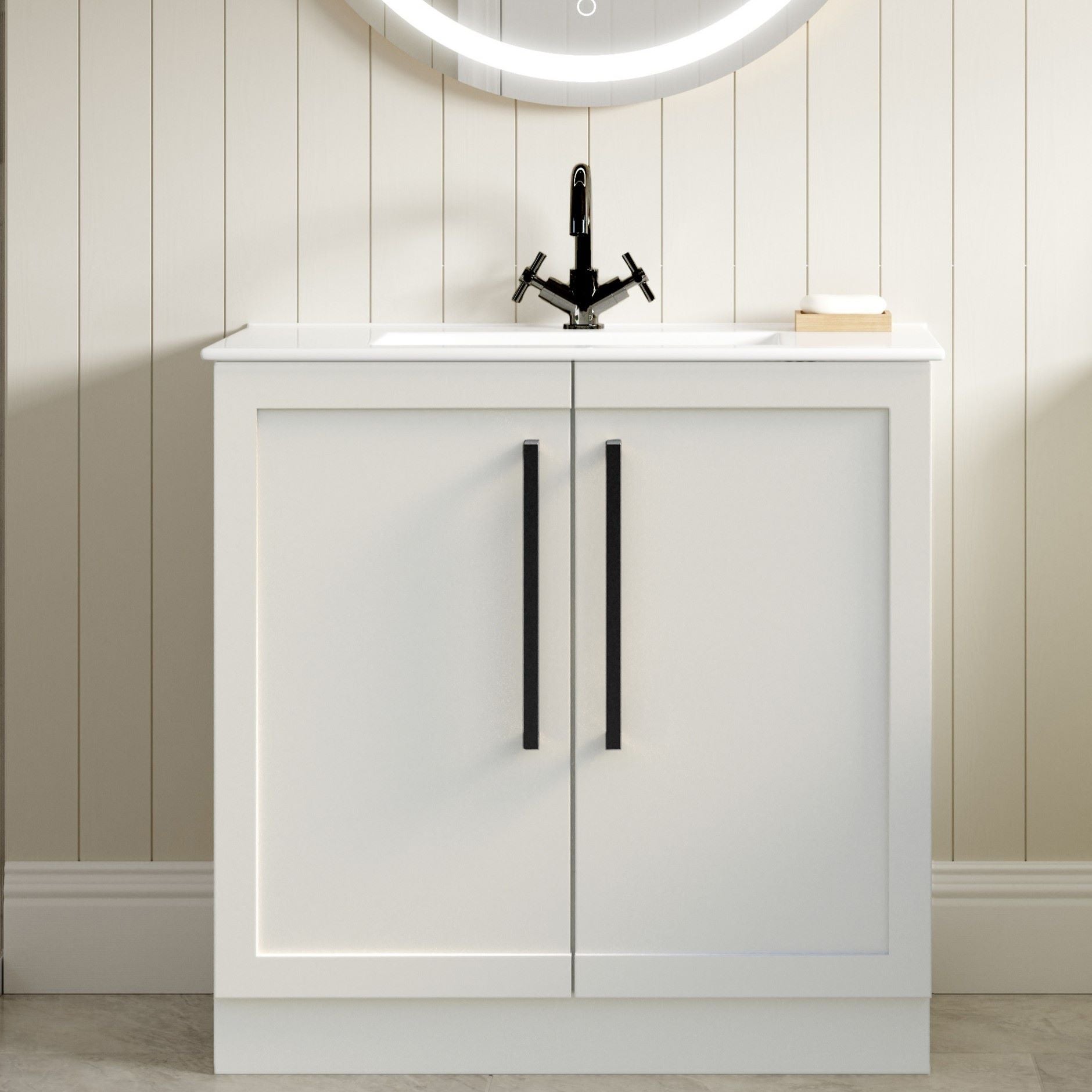 London 815mm Floor Standing Basin Unit & Basin - Matt White with Black Handles