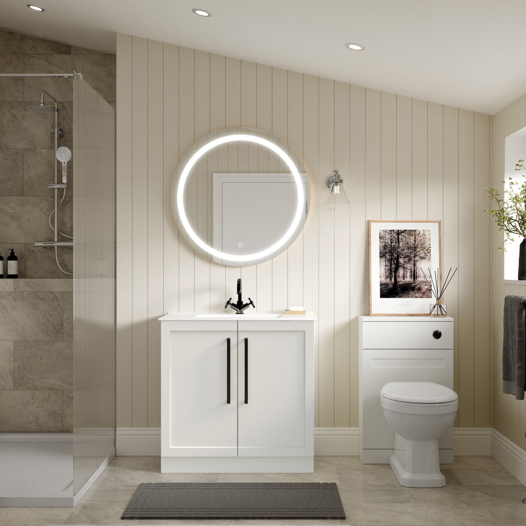 London 815mm Floor Standing Basin Unit & Basin - Matt White with Black Handles