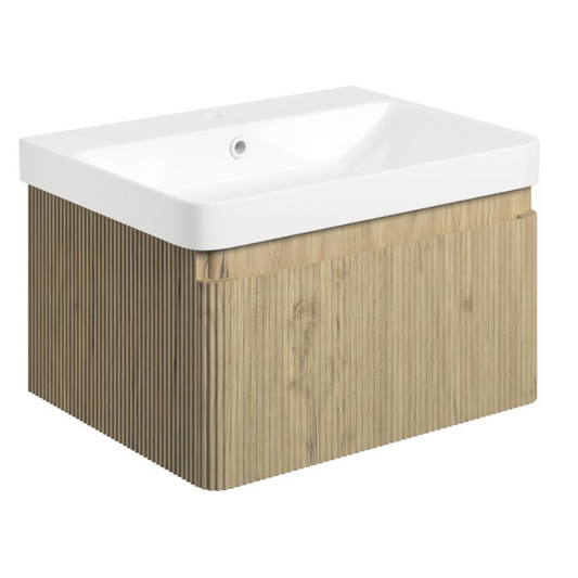 Alfa 600mm Wall Hung Basin Unit & Basin - Textured Oak