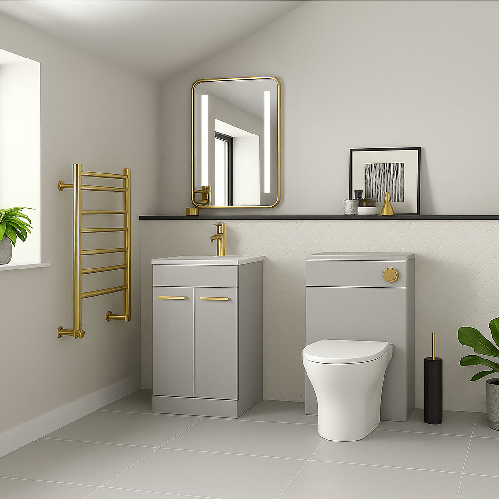 Modern bathroom with gray vanity, toilet, and decorative elements.