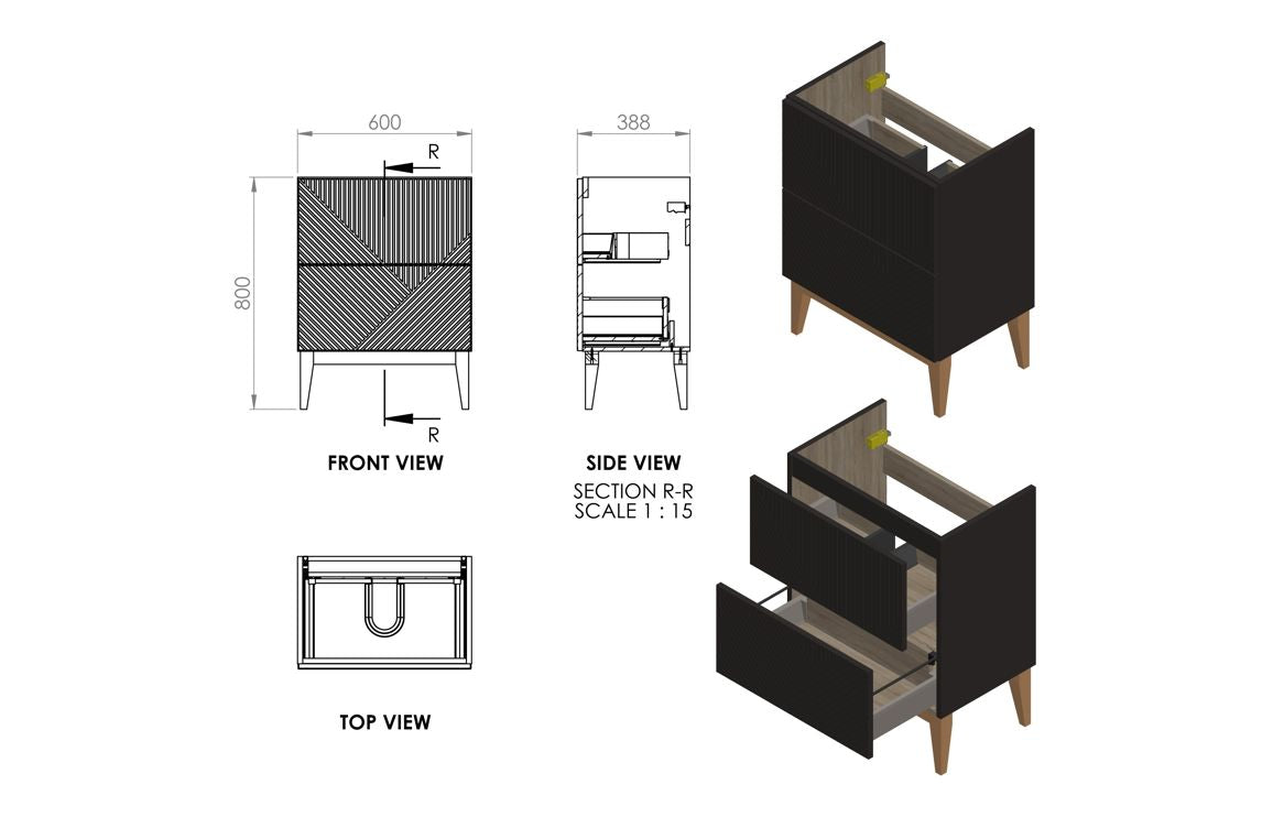 Skanda 615mm Basin Unit & Basin - Matt Graphite Grey with Gold Handles