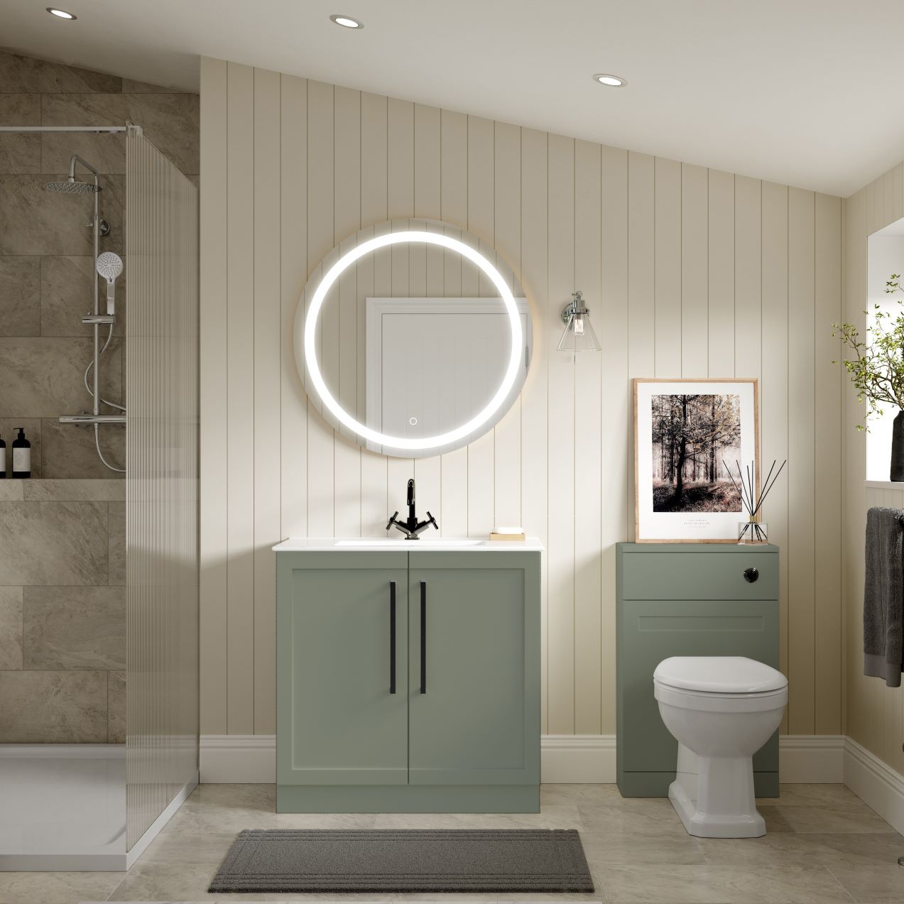 London 815mm Floor Standing Basin Unit & Basin - Matt Reed Green with Black Handles