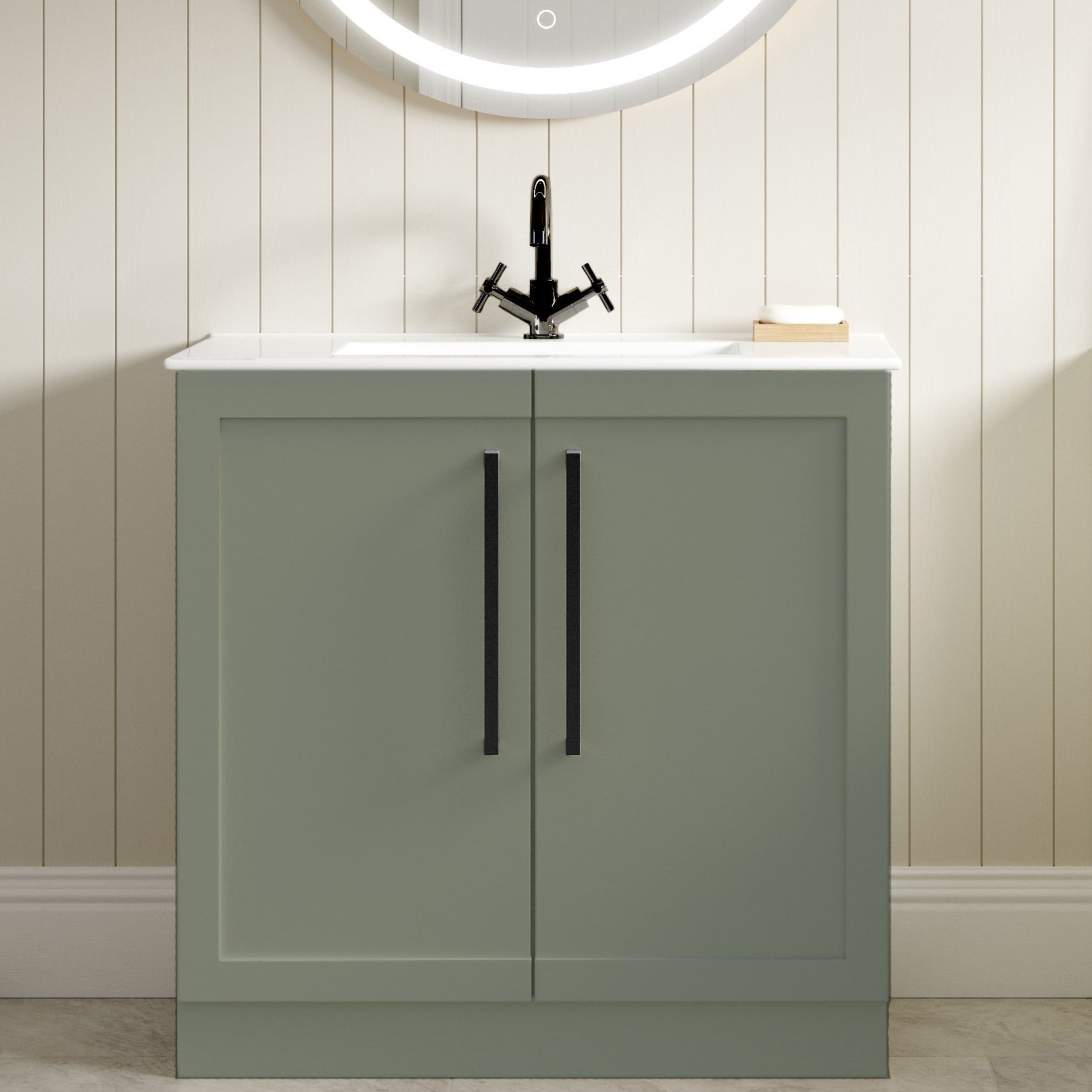 London 815mm Floor Standing Basin Unit & Basin - Matt Reed Green with Black Handles