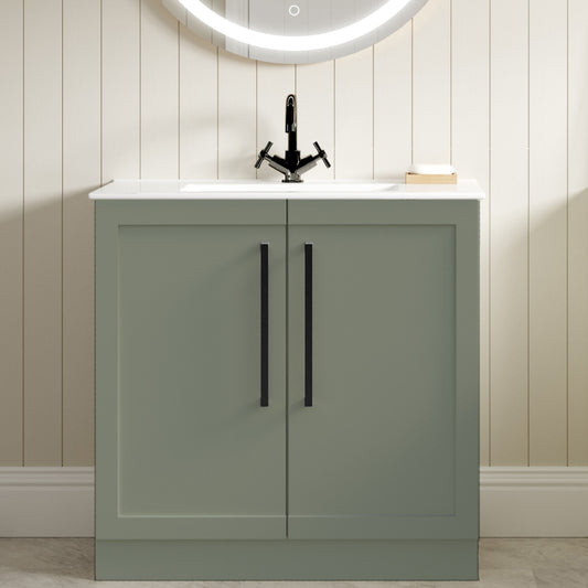 London 815mm Floor Standing Basin Unit & Basin - Matt Reed Green with Black Handles