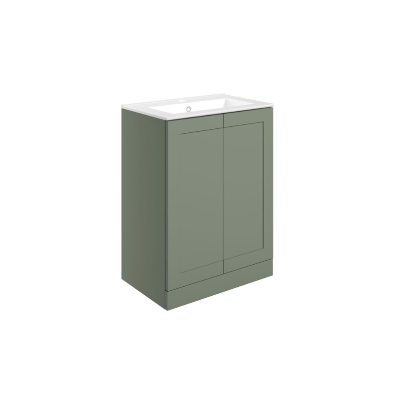 London 615mm Floor Standing Basin Unit & Basin - Matt Reed Green with Gold Handles