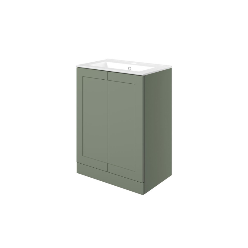 London 615mm Floor Standing Basin Unit & Basin - Matt Reed Green with Gold Handles