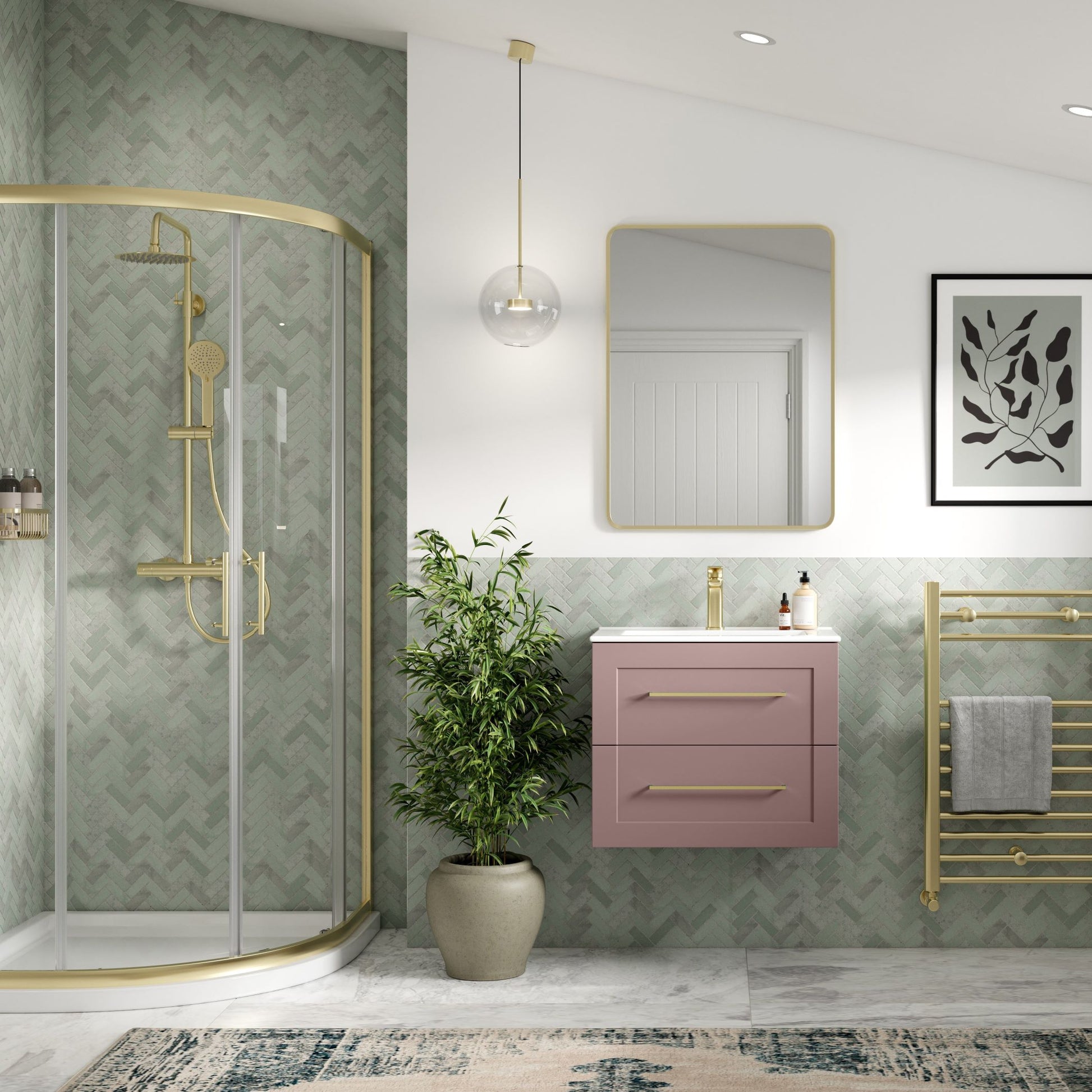 london 615mm wall hung basin unit basin matt peony with gold handles, Alessio, Wall Hung Vanity Unit, 2