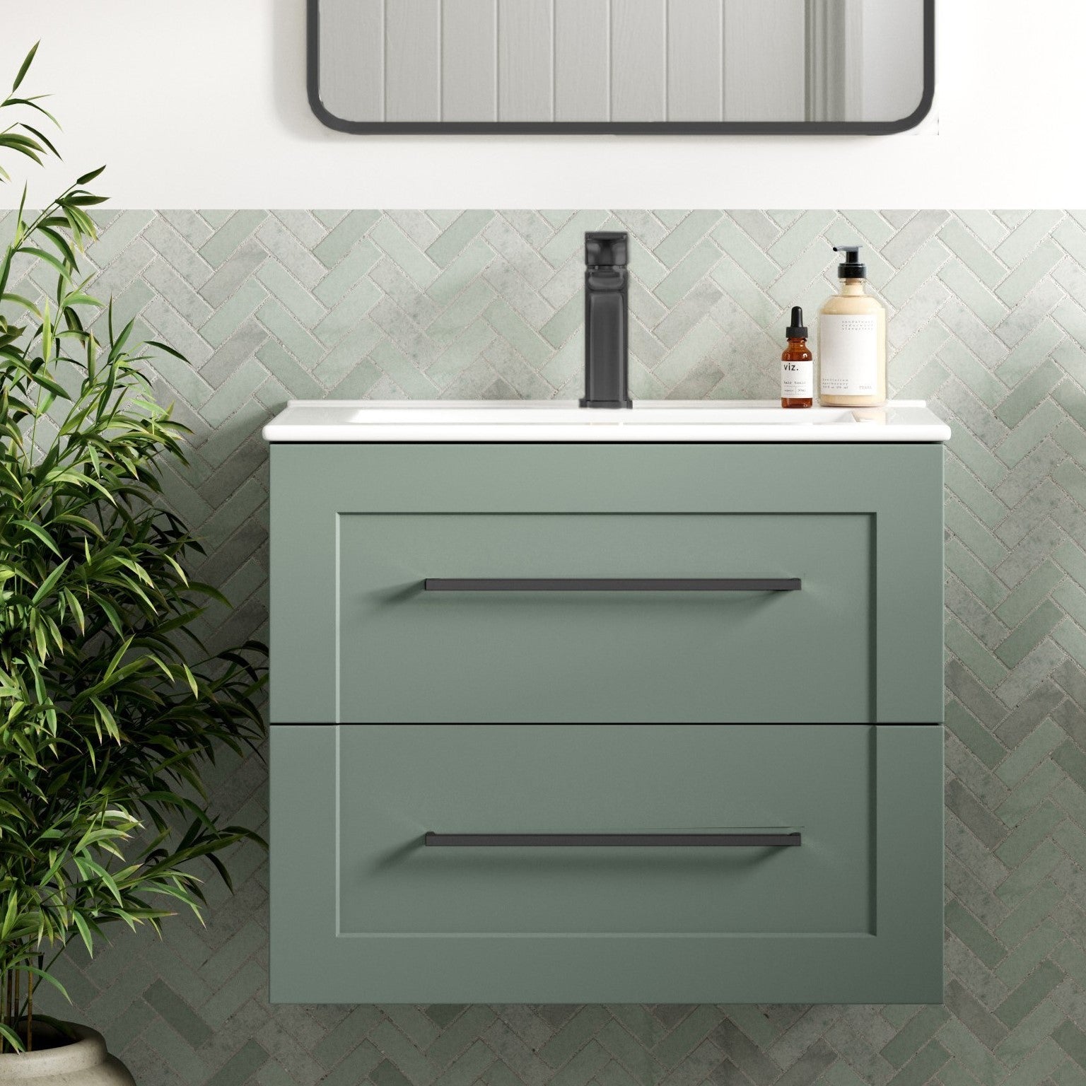 London 615mm Wall Hung Basin Unit & Basin - Matt Reed Green with Black Handles