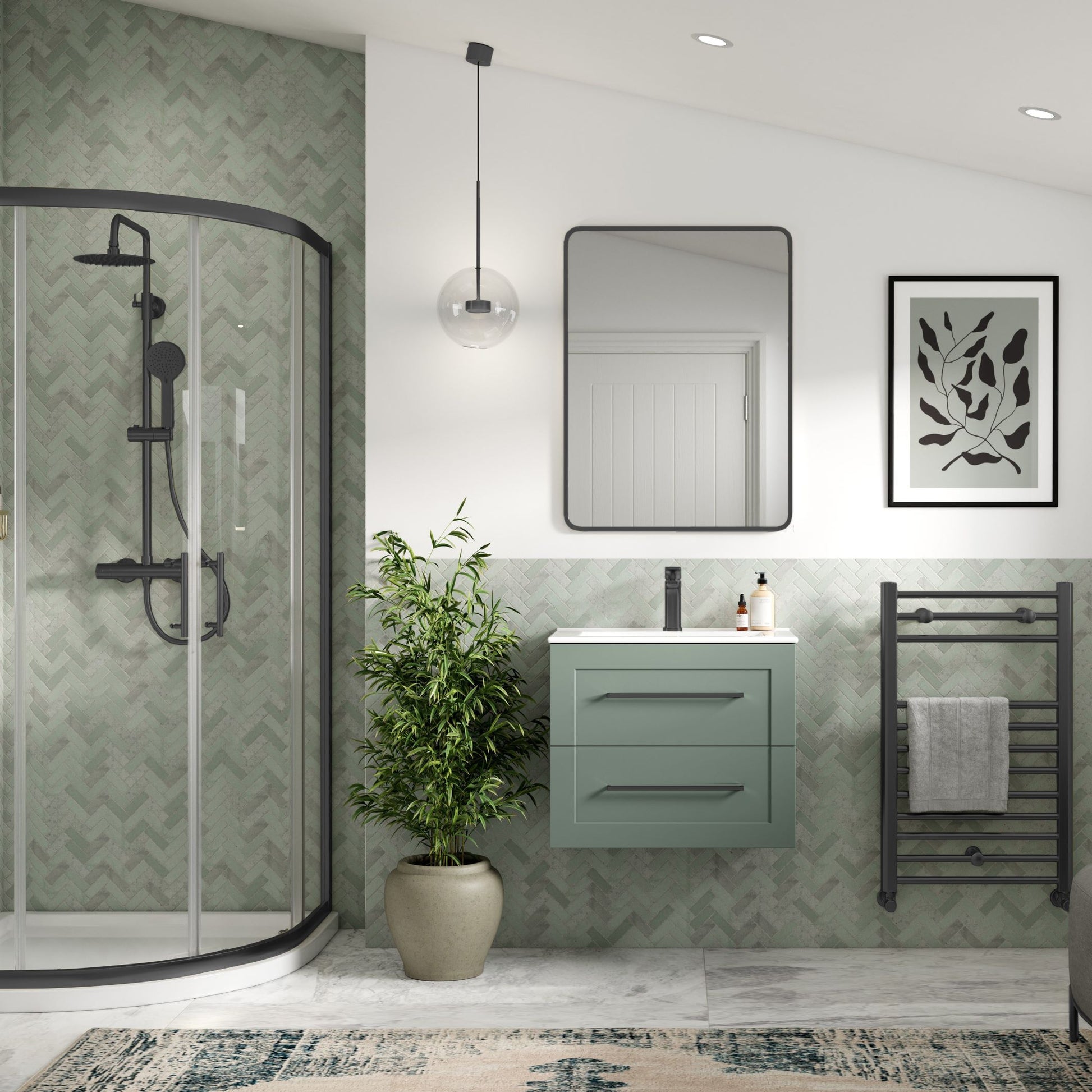 London 615mm Wall Hung Basin Unit & Basin - Matt Reed Green with Black Handles