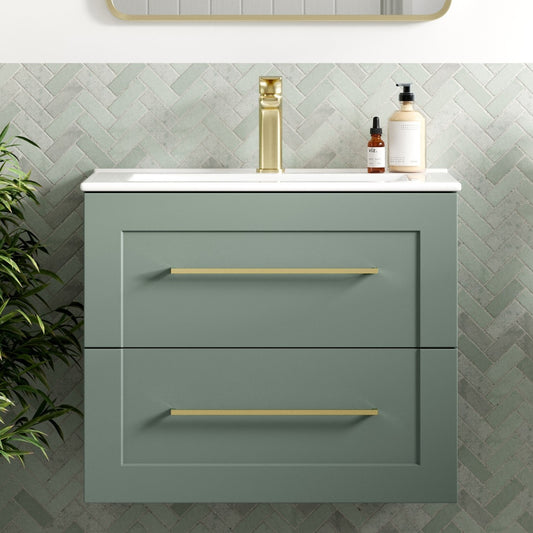 London 615mm Wall Hung Basin Unit & Basin - Matt Reed Green with Gold Handles