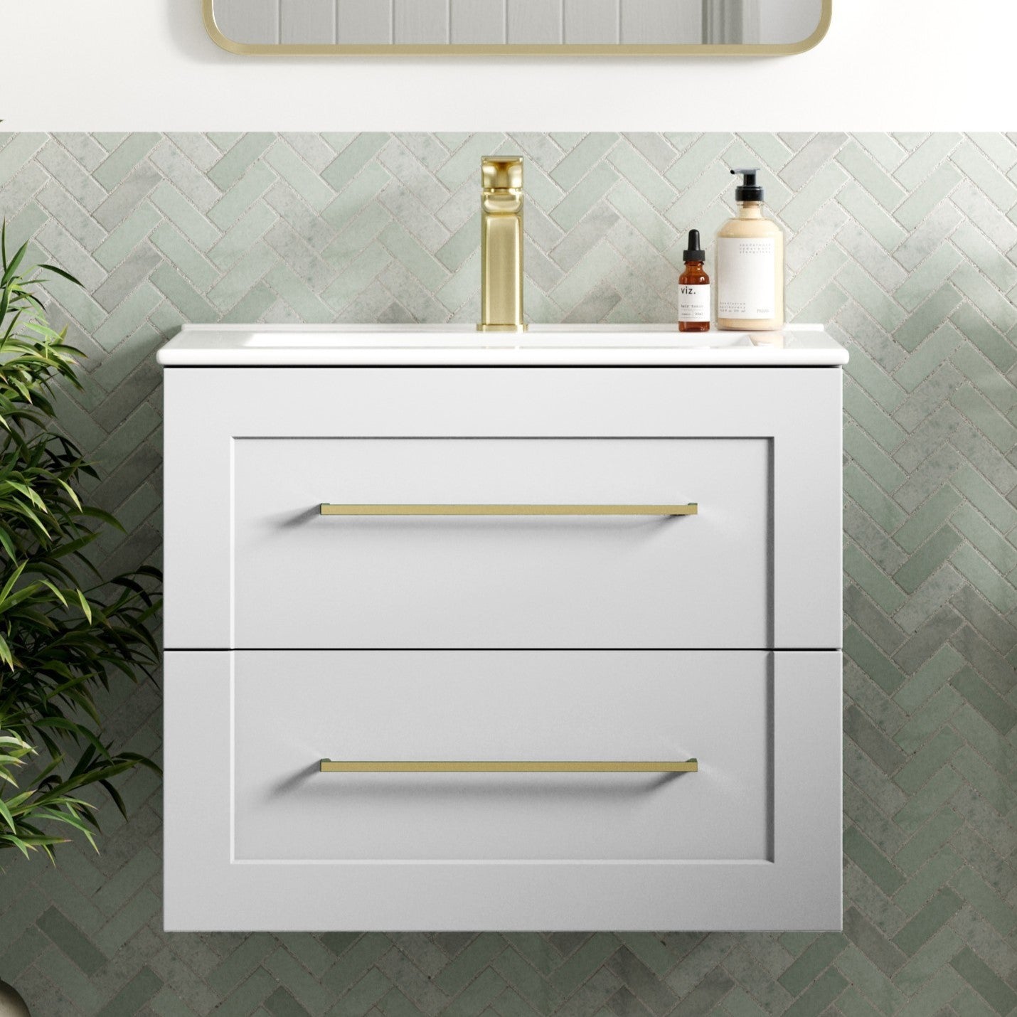 London 615mm Wall Hung Basin Unit & Basin - Matt White with Gold Handles