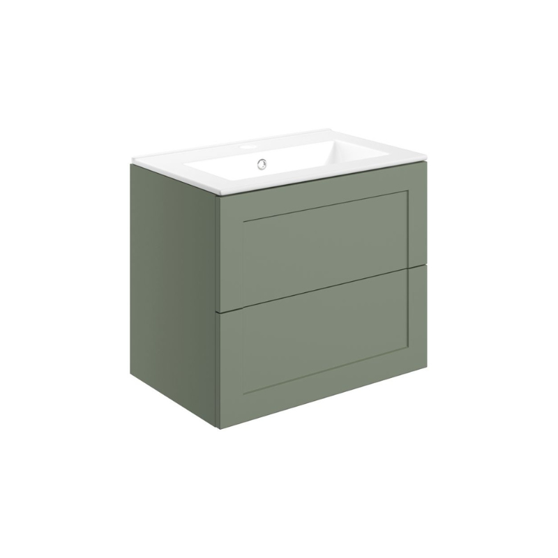 London 615mm Wall Hung Basin Unit & Basin - Matt Reed Green with Black Handles