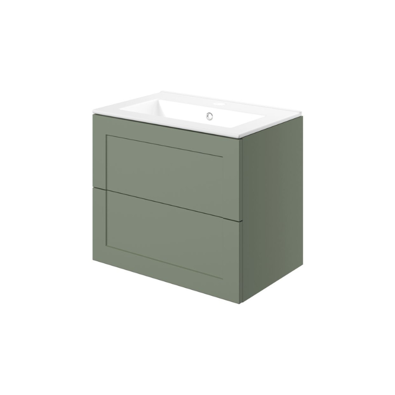 London 615mm Wall Hung Basin Unit & Basin - Matt Reed Green with Black Handles