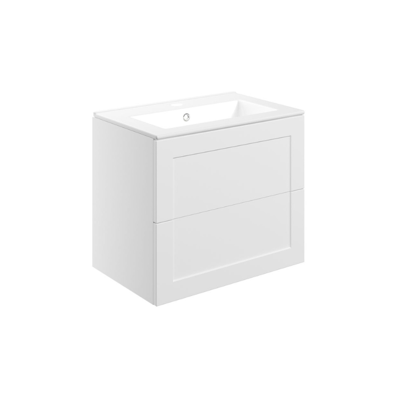 London 615mm Wall Hung Basin Unit & Basin - Matt White with Gold Handles