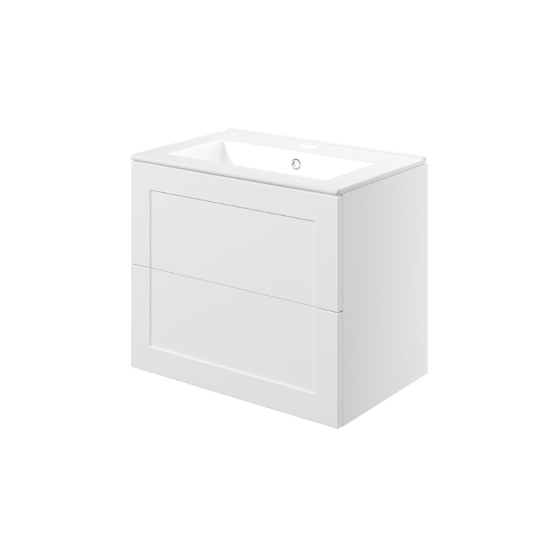 London 615mm Wall Hung Basin Unit & Basin - Matt White with Gold Handles