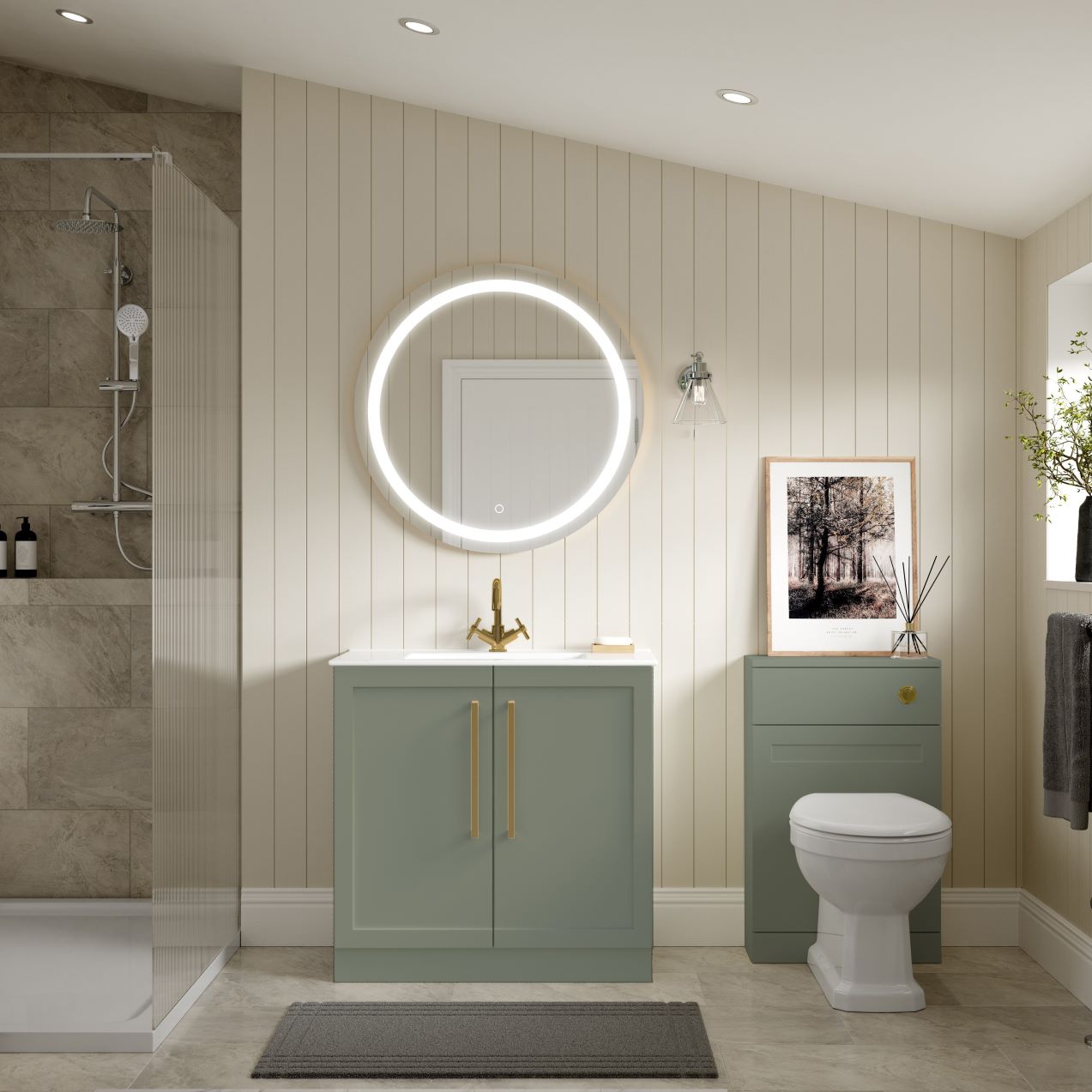 London 815mm Floor Standing Basin Unit & Basin - Matt Reed Green with Gold Handles