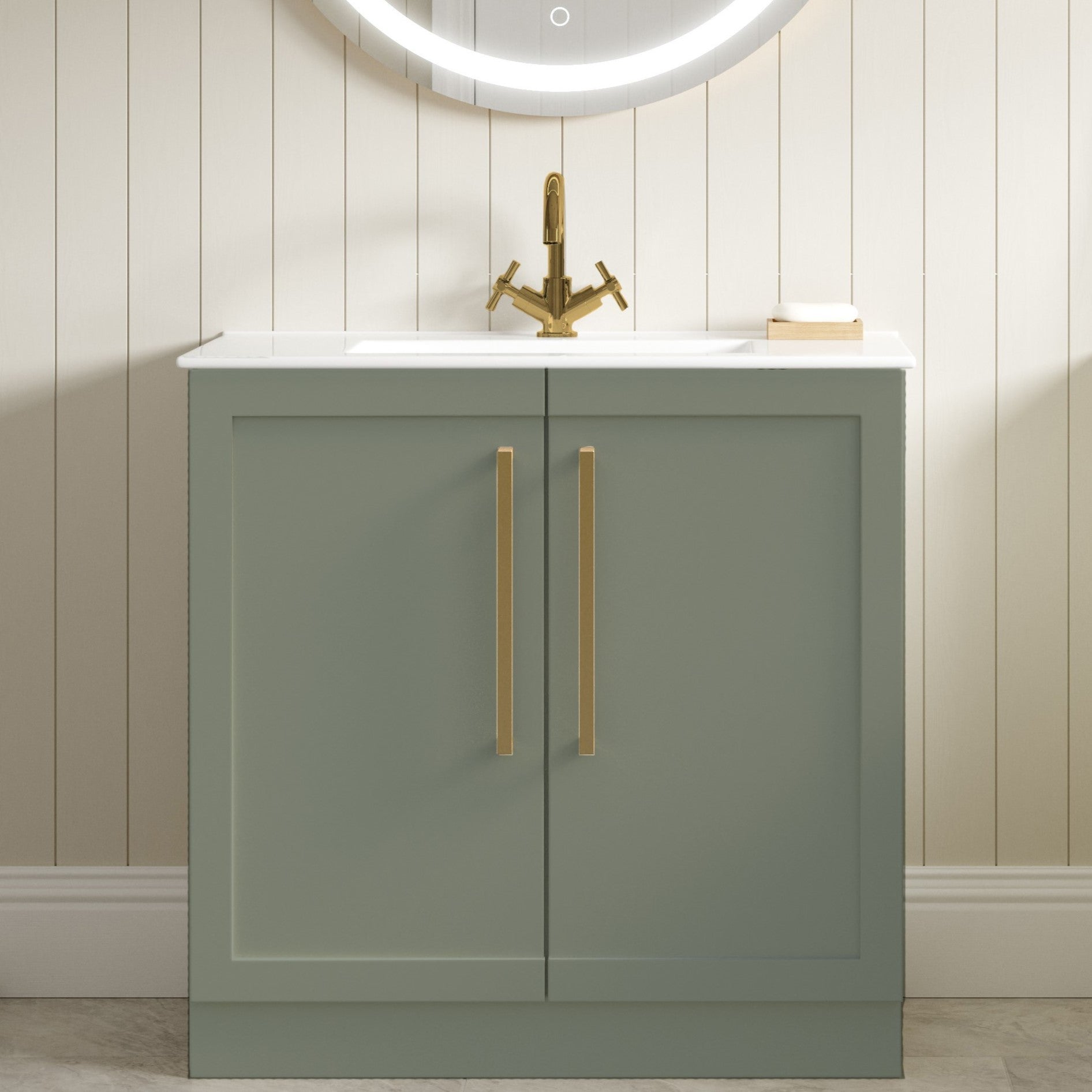 London 815mm Floor Standing Basin Unit & Basin - Matt Reed Green with Gold Handles