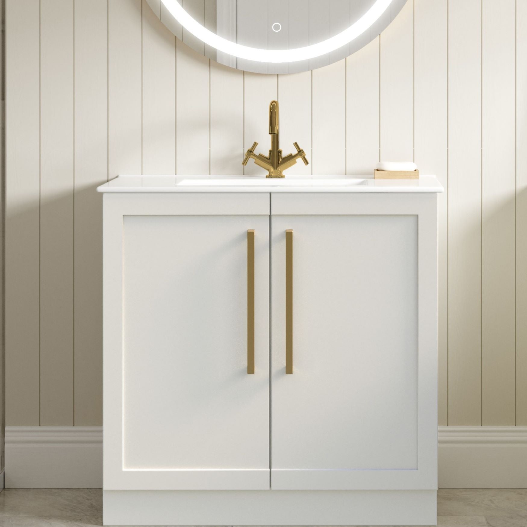 London 815mm Floor Standing Basin Unit & Basin - Matt White with Gold Handles