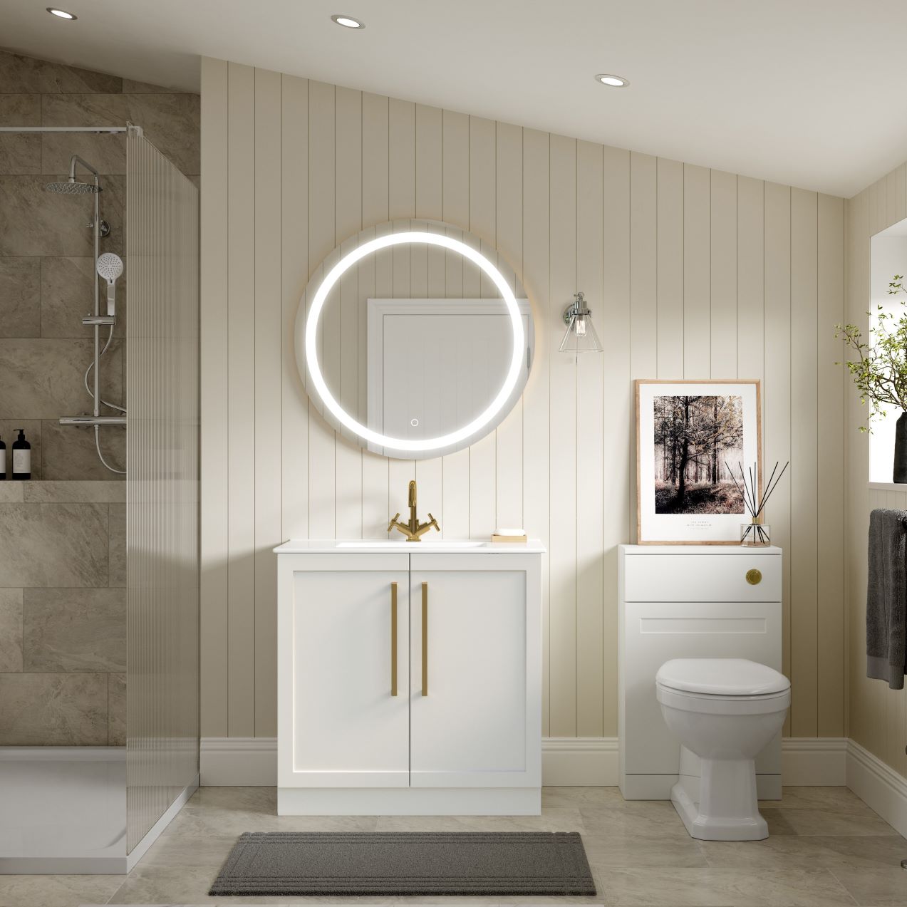 London 815mm Floor Standing Basin Unit & Basin - Matt White with Gold Handles