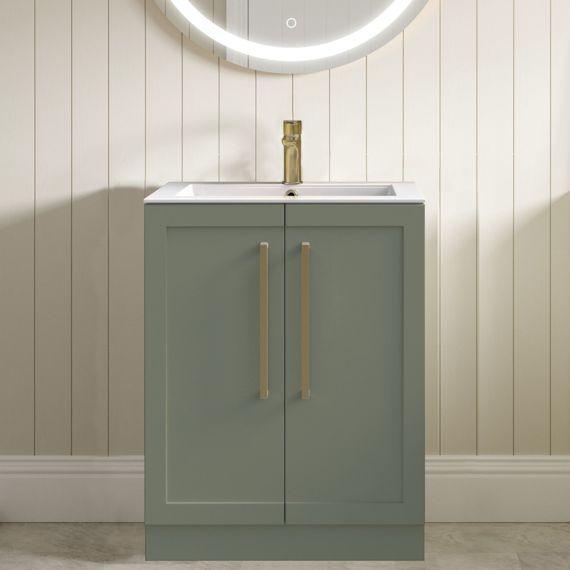 London 615mm Floor Standing Basin Unit & Basin - Matt Reed Green with Gold Handles