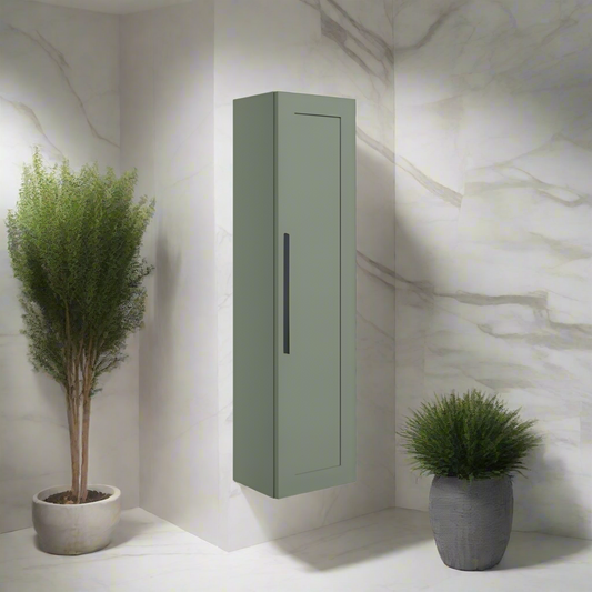 London 350mm Wall Hung 1 Door Tall Unit - Matt Reed Green with Black Handle