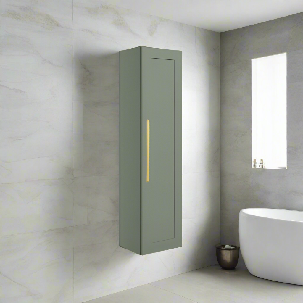 London 350mm Wall Hung 1 Door Tall Unit - Matt Reed Green with Gold Handle