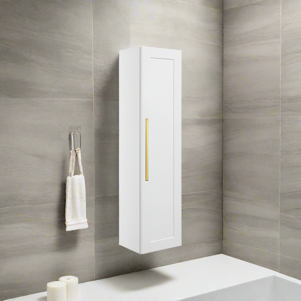 London 350mm Wall Hung 1 Door Tall Unit - Matt White with Gold Handle