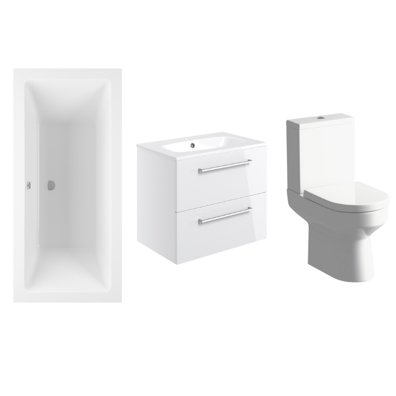 Lucio Bath Suite 1700mm with White Gloss 600mm Wall Hung Basin Unit And Toilet