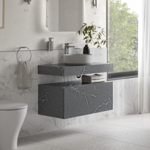 Marbella 800mm Wall Hung Grey Marble Basin Unit Set & Bottle Trap