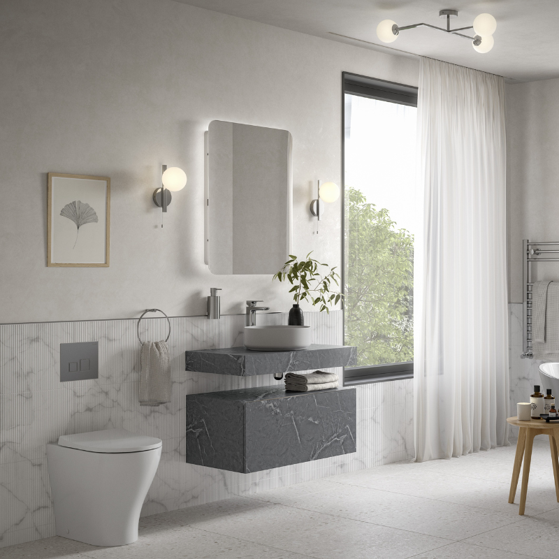 Marbella 800mm Wall Hung Grey Marble Basin Unit Set & Bottle Trap