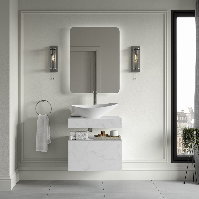 Marbella 800mm Wall Hung White Marble Basin Unit Set & Bottle Trap