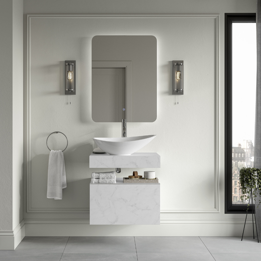 Marbella 600mm Wall Hung White Marble Basin Unit Set & Bottle Trap