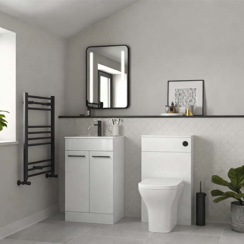Modern bathroom with white vanity, toilet, and decorative elements.