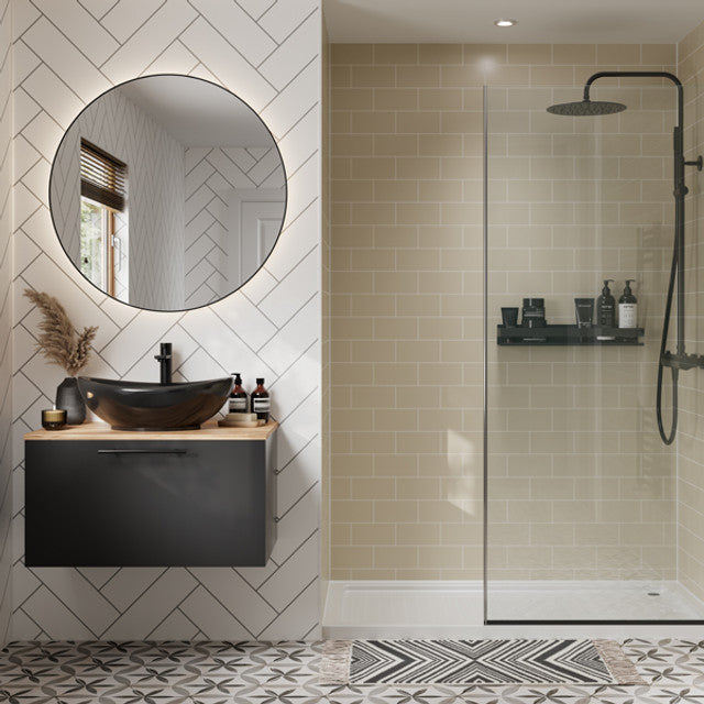 Modern bathroom with a round mirror, black vanity, and shower area. Multipanel Alpine White Herringbone Tile Effect Wet Wall Shower Panel